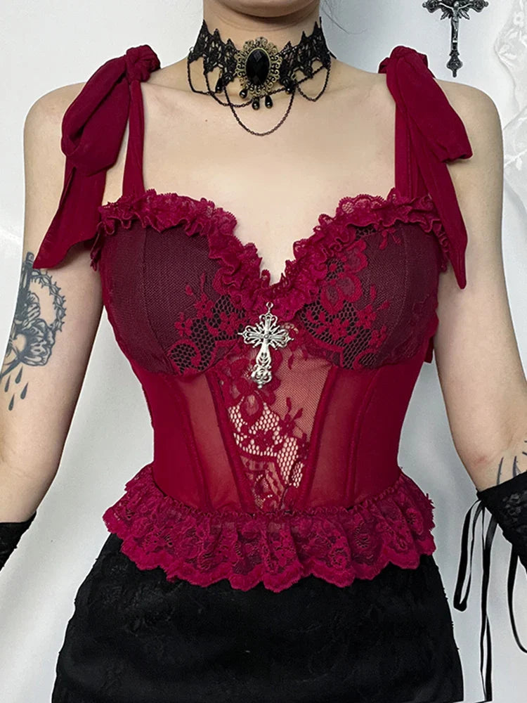 Gothic Adjustable Lace Mesh Floral Corset Strap V Crop Neck Camisole Top