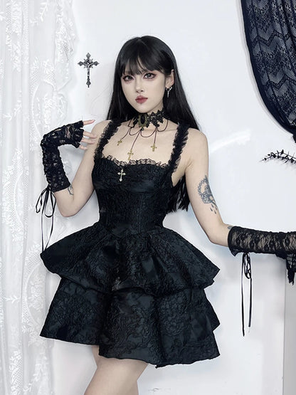 Vintage Gothic Jacquard Double Cake Lace Backless Suspender A Line Mini Dress