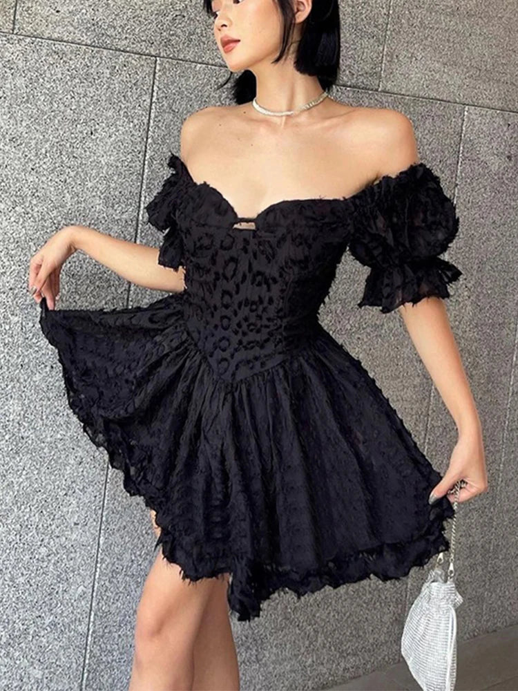 Lolita Aesthetic Corset Summer Ball V-neck Vintage Black Goth High Sleeve Gown Mini Puff Waist Outfit