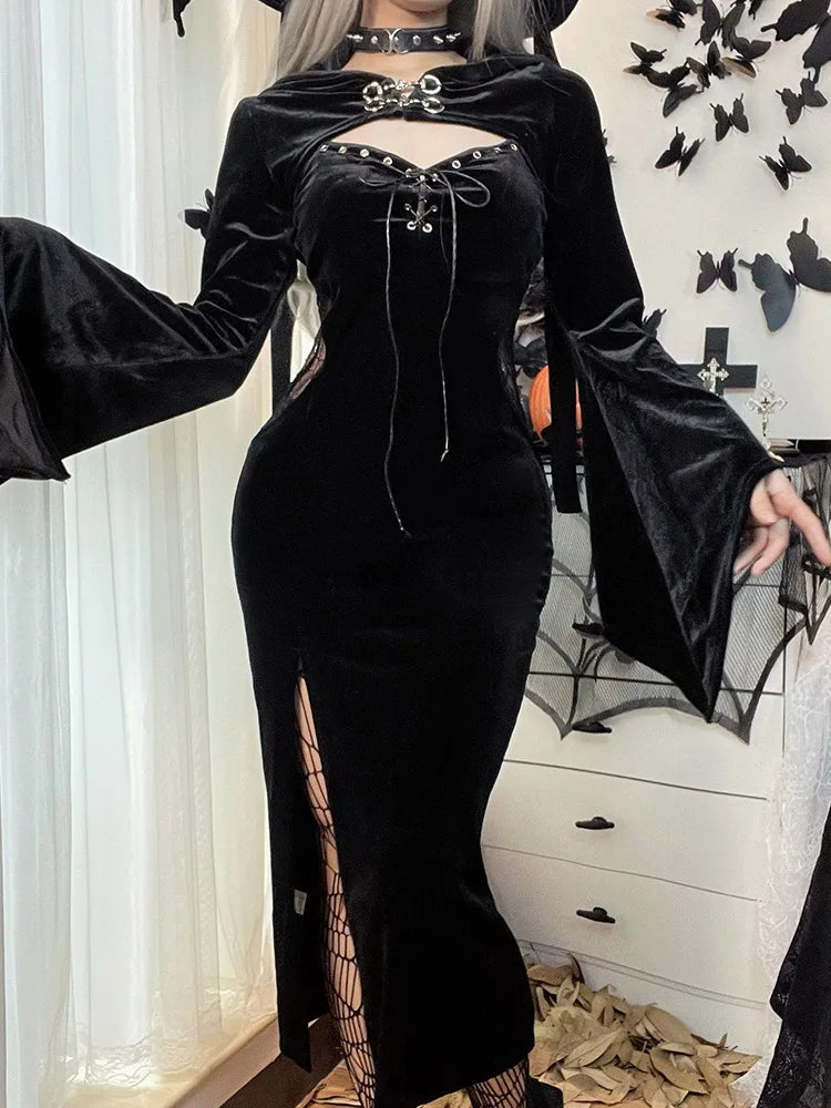 Gothic Long Dress Velvet Lace Cutout High Slit Long Sleeve Hat Suit