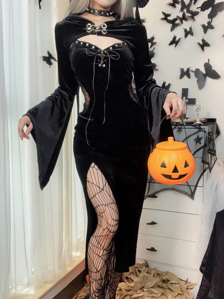 Gothic Long Dress Velvet Lace Cutout High Slit Long Sleeve Hat Suit