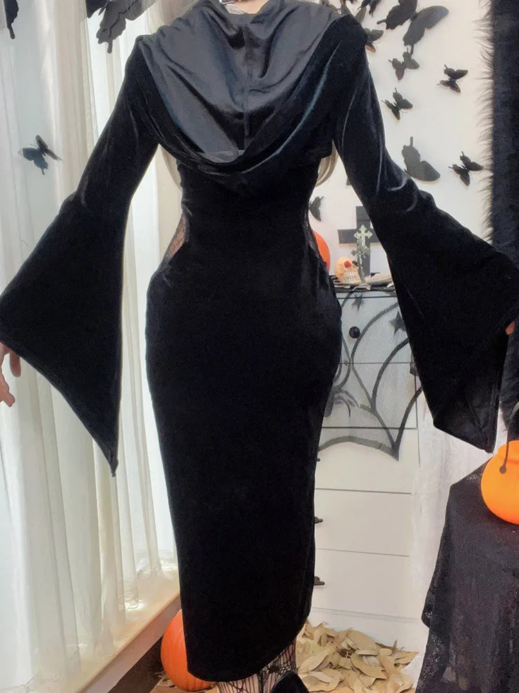 Gothic Long Dress Velvet Lace Cutout High Slit Long Sleeve Hat Suit