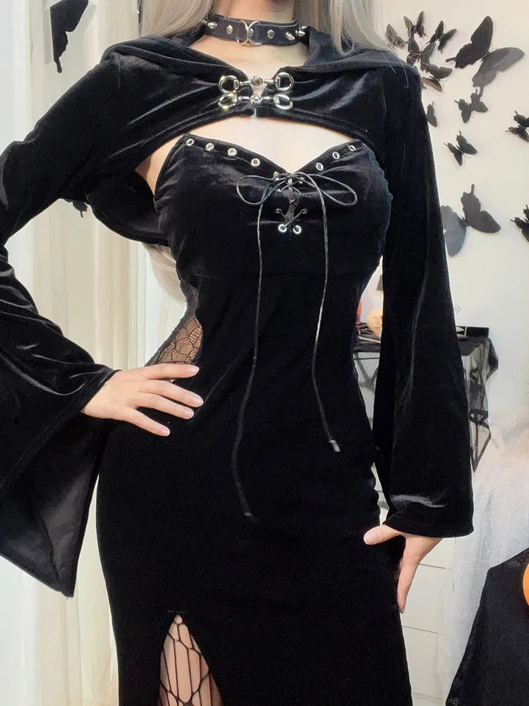 Gothic Long Dress Velvet Lace Cutout High Slit Long Sleeve Hat Suit