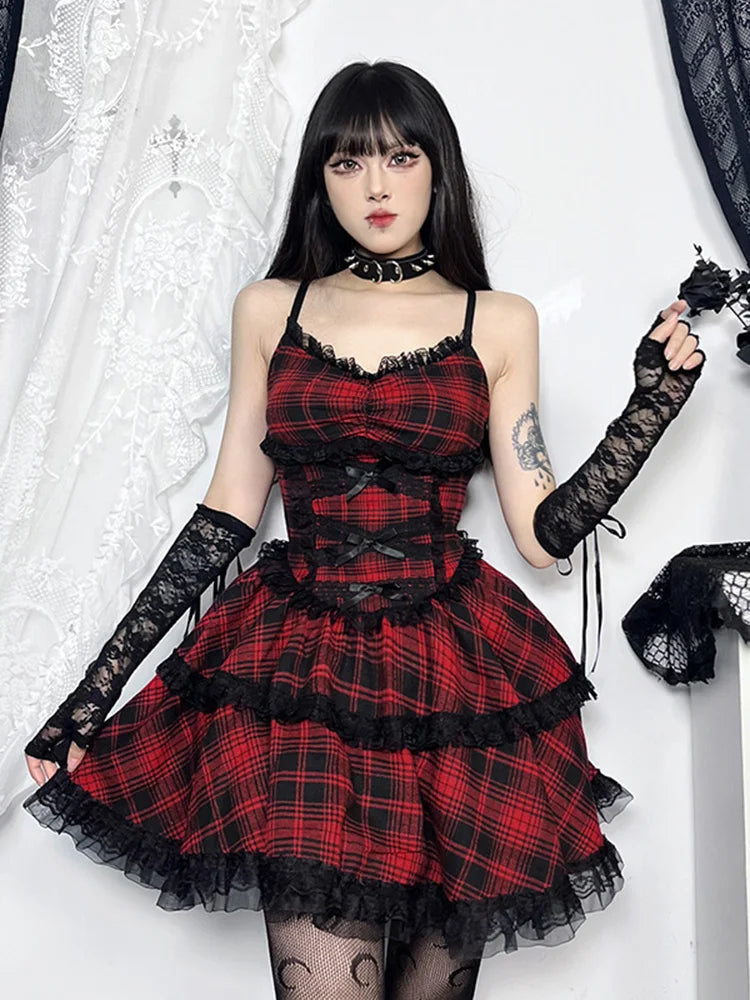 Grunge Gothic Plaid Black Emo Lace Up Backless Mini A-Line Dress