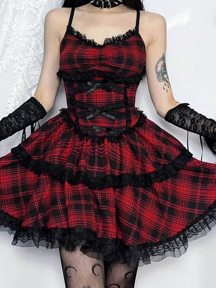 Grunge Gothic Plaid Black Emo Lace Up Backless Mini A-Line Dress