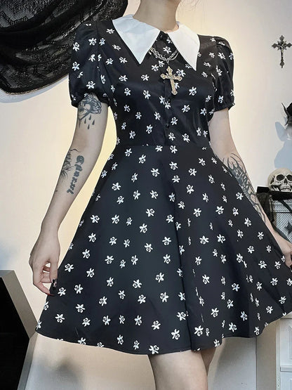 Gothic Short A-Line Down Cloak Bodycon Print Collar Punk Swing Turn Sleeve Frock