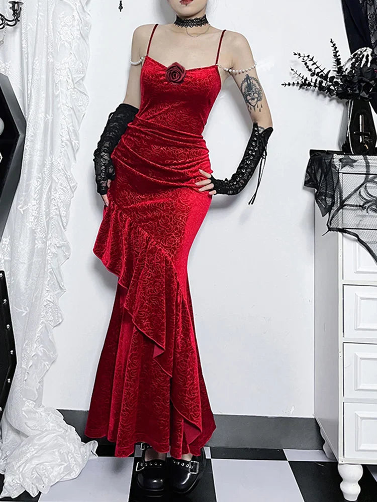 Velvet Strap Party Sleeveless Folds Spaghetti Rose Flower Sexy Fishtail Ruched Backless Gown