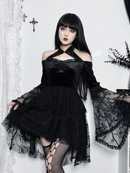 Gothic Lace Long Shoulder Off Sleeves Mesh Party Cocktail Velvet Vintage Halloween Cosplay Outfit