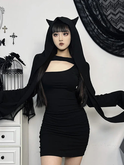 Gothic Wasteland Kitten Hollow Out Long Sleeve Bodycon Dress