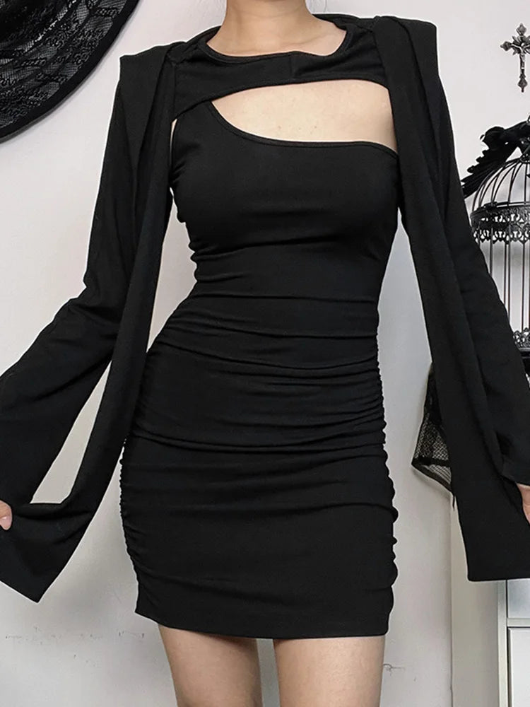 Gothic Wasteland Kitten Hollow Out Long Sleeve Bodycon Dress