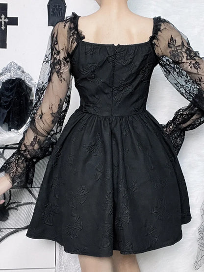 Grunge A-Line Sexy Jacquard Waist Sleeve Dark Party Lolita Lace Harajuku Vintage Gothic High Frock