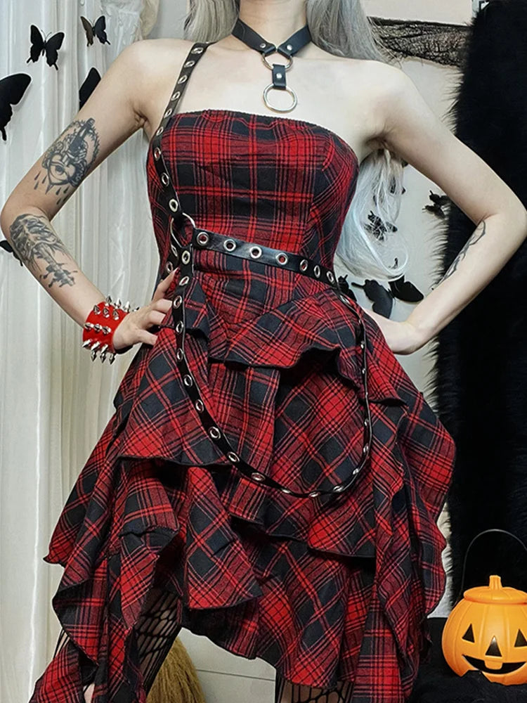 Red Lolita One Strapless Sexy Backless Vintage Shoulder Plaid Irregular Academy Outfit