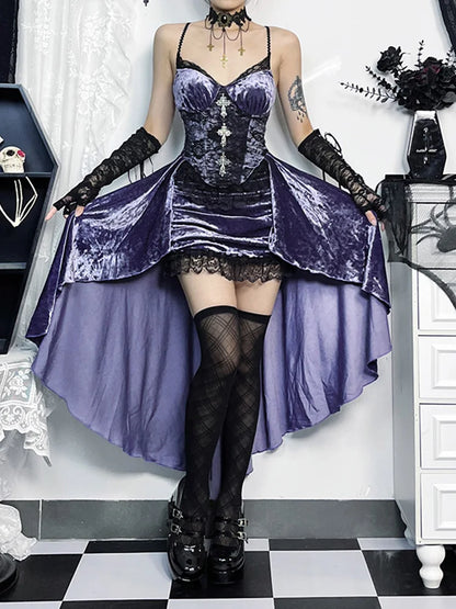 Vintage Steampunk Gothic Floral Lace High Low Spaghetti Strap Corset Dress