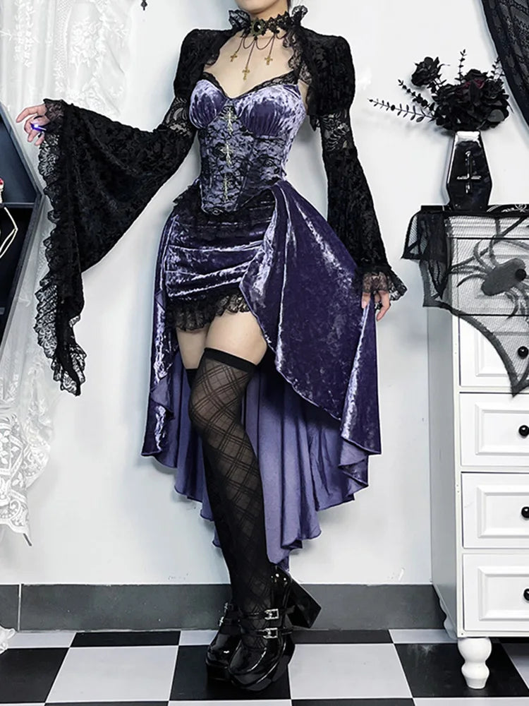 Vintage Steampunk Gothic Floral Lace High Low Spaghetti Strap Corset Dress