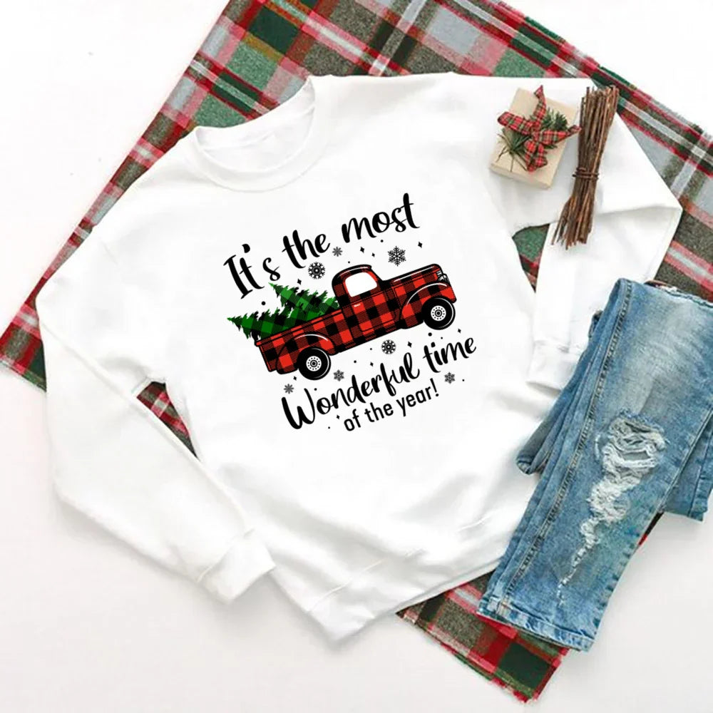 Wonderful Time Printed Party Holiday Sweater Xmas Outfit Christmas Hoodie White 7 / S Hoodies-L
