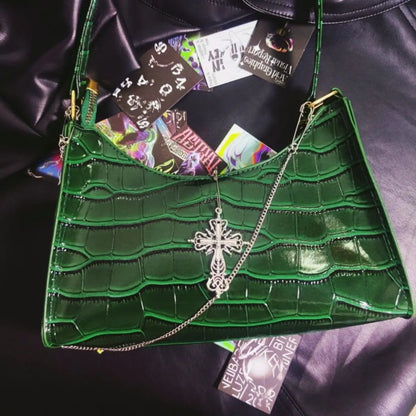 Punk Crocodile Gothic Underarm Y2k Chains Pattern Green Cross Street High Bag