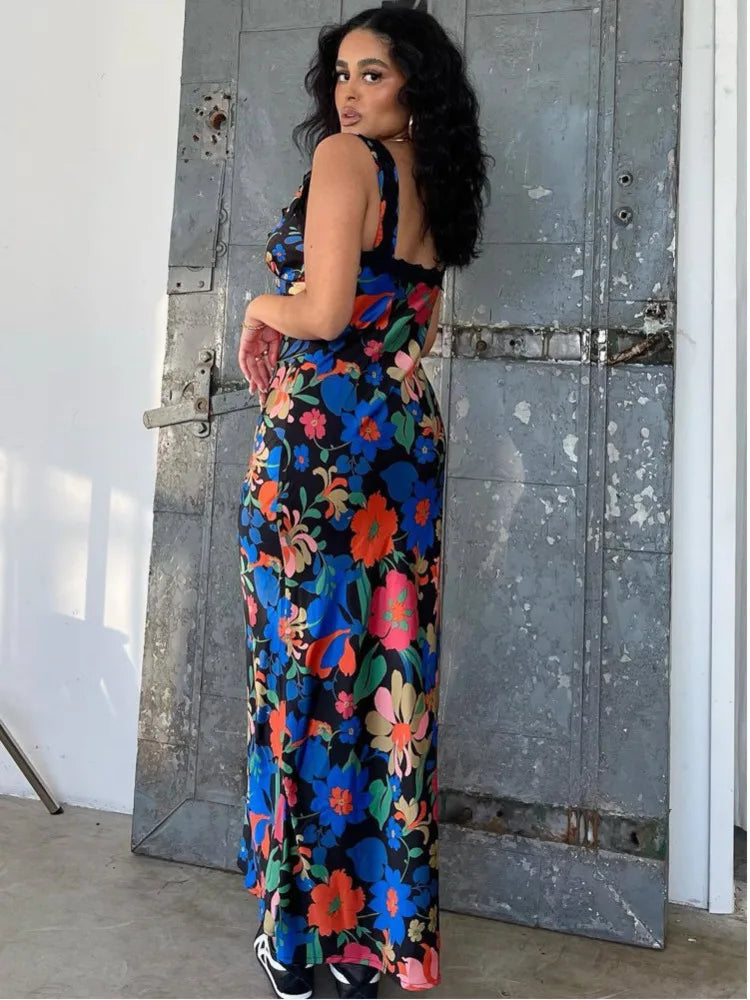 V-neck Slip Floral Satin Vacation Dress vacationdress-250223