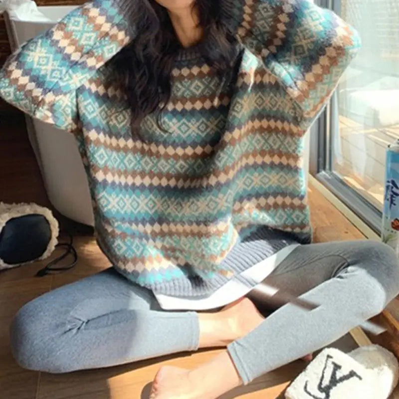 Japanese Retro Jacquard Striped High-end Sweater Blue / S