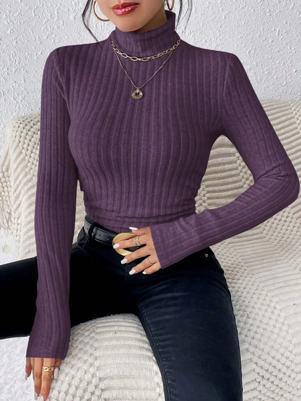 Half Turtleneck Sweater Slim Long Sleeve Knit Top Women knittop-250126