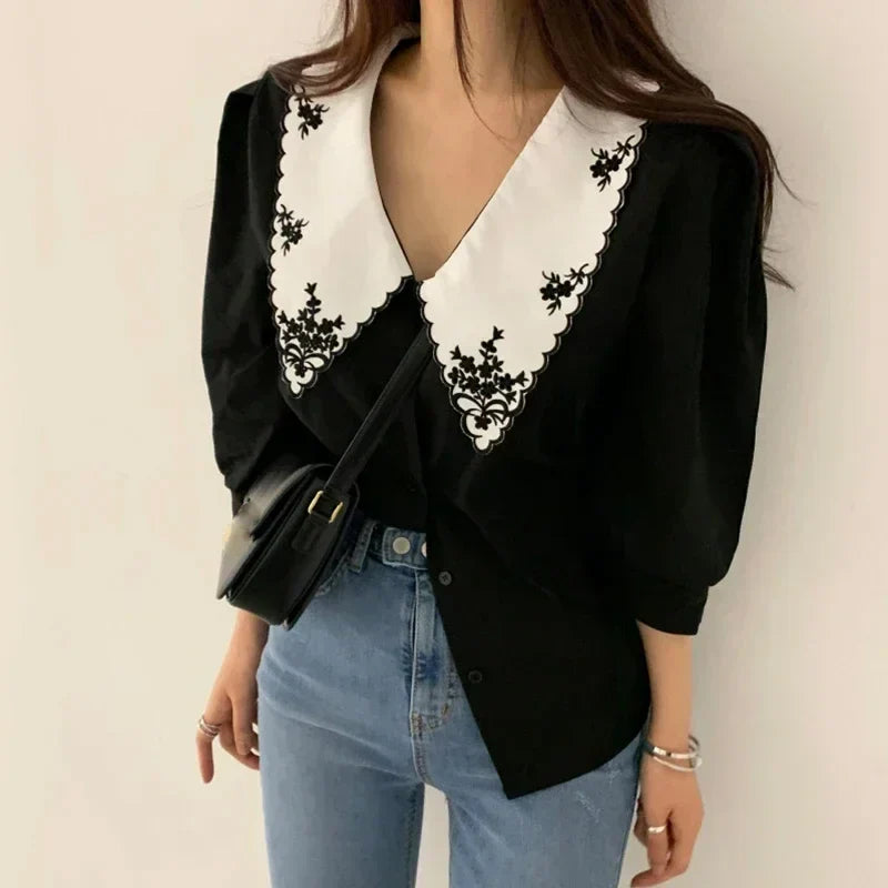 Puff Long Sleeve Floral Embroidery Blouse blouse-250223