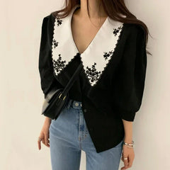 Puff Long Sleeve Floral Embroidery Blouse blouse-250223