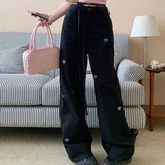 Korean Butterfly Embroidered Pants Black / S