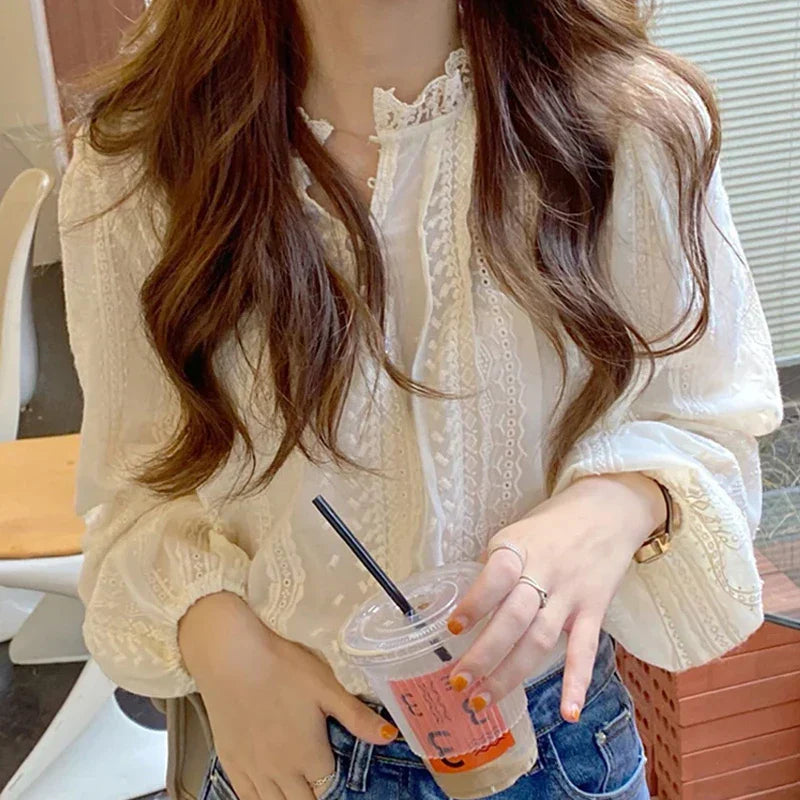 Embroidered Apricot Puff Sleeve Blouse blouse-250223