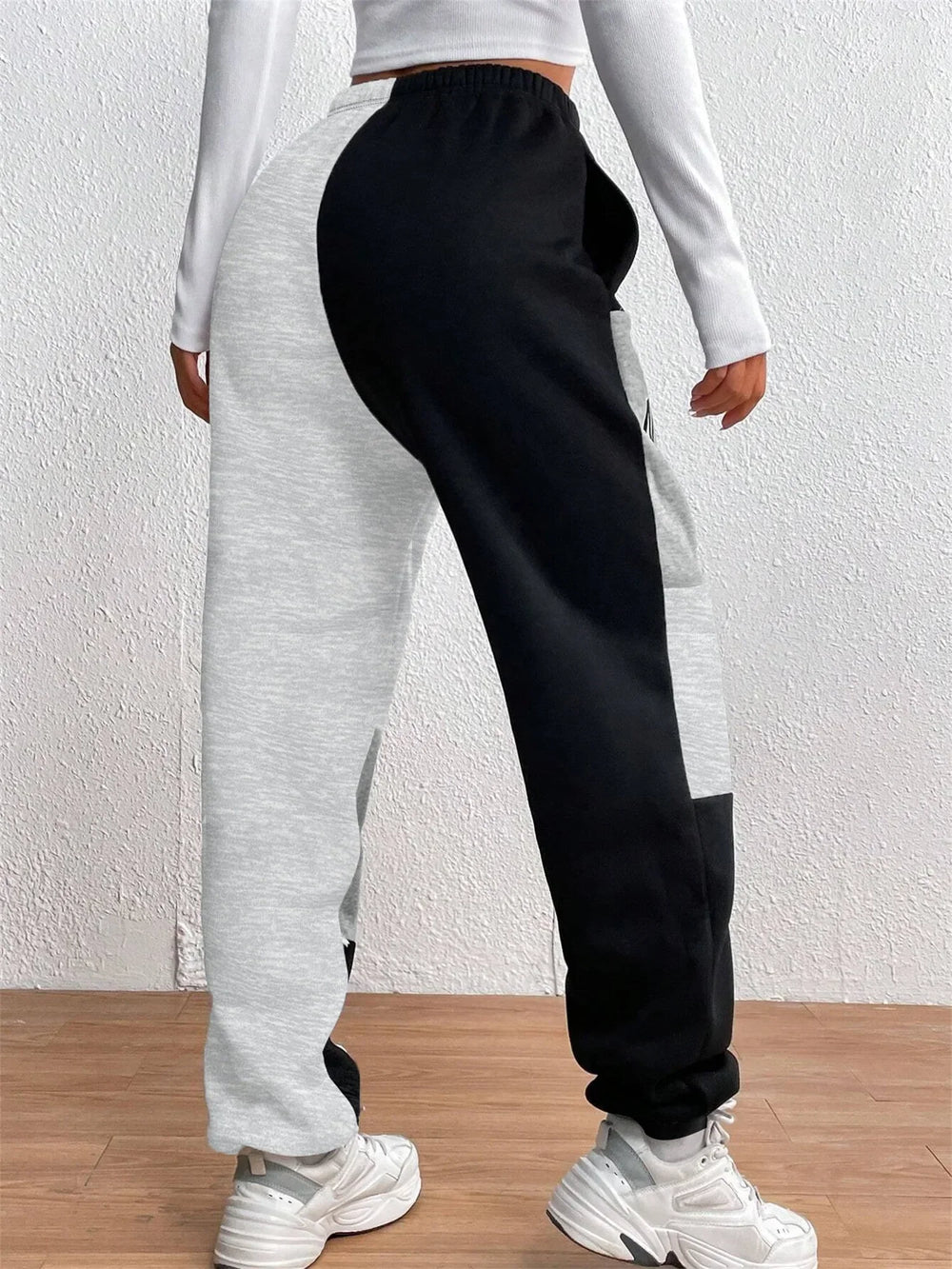 Color Block Jogger Letter Patchwork Print Knitting Casual Slant Pocket Pants