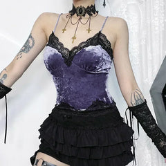 Lace Gothic Aesthetic Velvet Grunge Punk Bodycon V-Neck Elegant Classic Crop Top