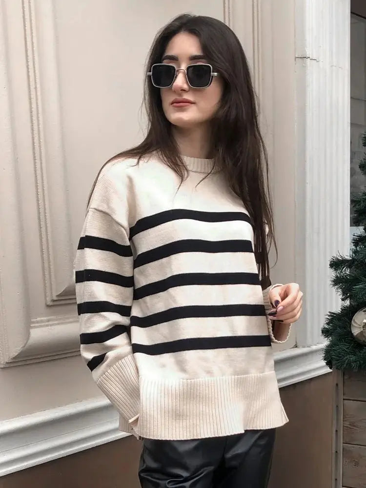 Warm Cozy Casual Comfortable Stylish Loose Thick Basic Striped Winter Knitted Sweater