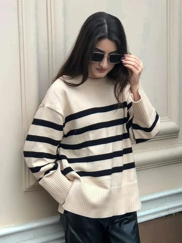 Warm Cozy Casual Comfortable Stylish Loose Thick Basic Striped Winter Knitted Sweater