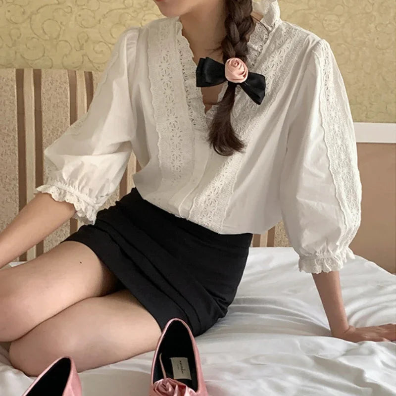 Lantern Sleeve Ruffles V-Neck Cotton Boho Office Blouse white / One Size bohoblouse-250126