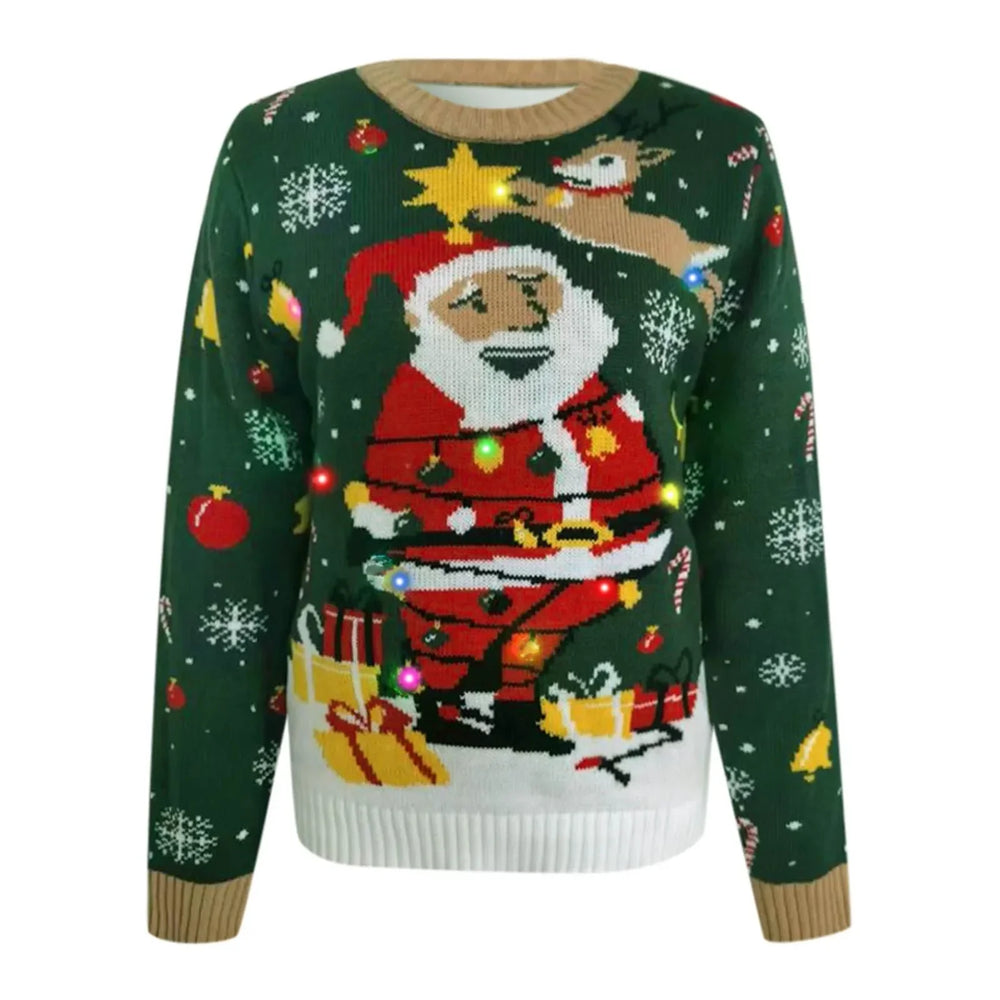 Led Light Autumn Winter Santa Jacquard Round Neck Retro Casual Christmas Sweater Sweaters-L
