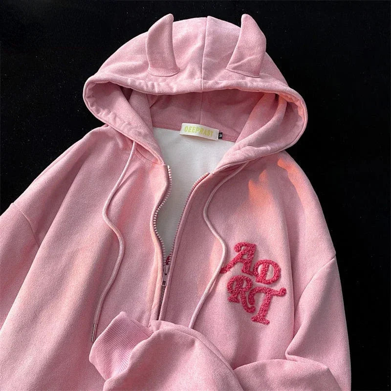 Letter Print Vintage Zipper Hoodie