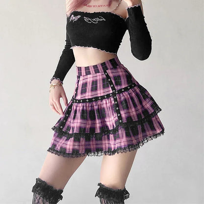 Lolita Plaid Japanese Cake Pleated Purple Gothic Pink Harajuku Skirt