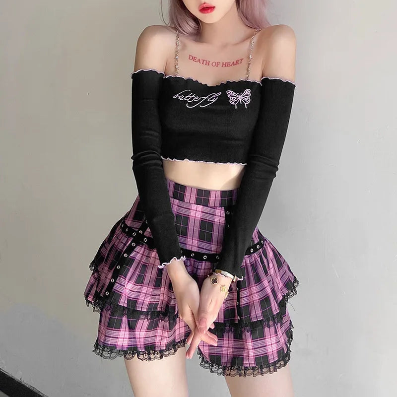 Lolita Plaid Japanese Cake Pleated Purple Gothic Pink Harajuku Skirt