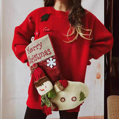 Red Christmas Snowman Doll Pocket Sweater Sweaters-L