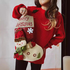 Red Christmas Snowman Doll Pocket Sweater Sweaters-L