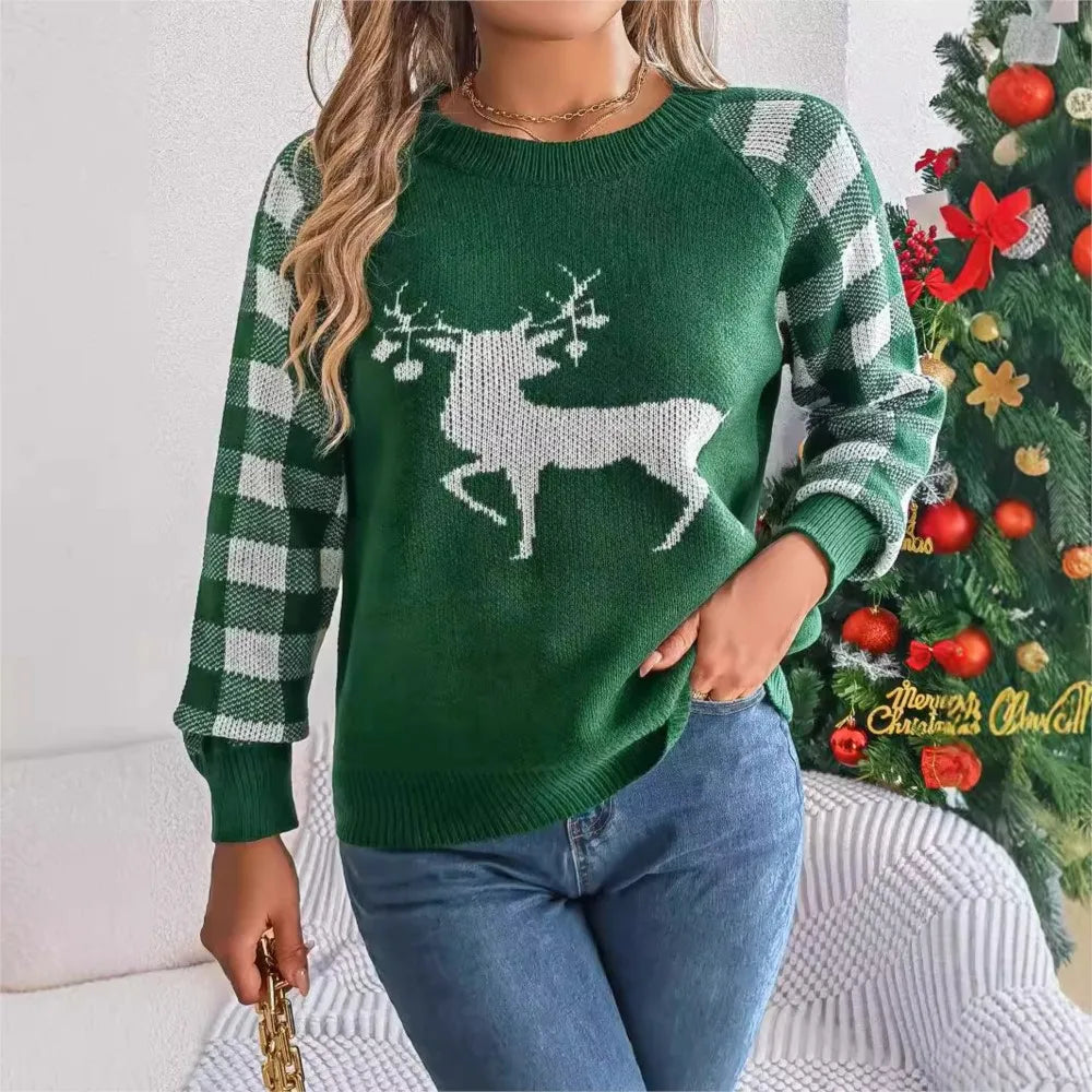 Knitted Plaid Christmas Sweater With Round Neck And Long Sleeves For Autumn/Winter Sweaters-L