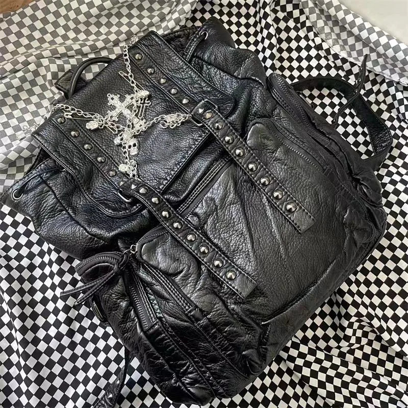 Goth Fashion Women Black Skeleton Backpack Chain Y2k Punk Rivet Bag