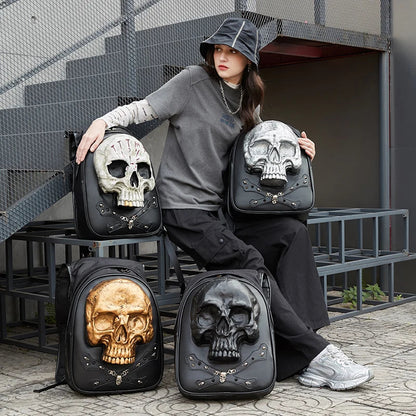 3D Backpack Leather Skull Travel Rock Rivets Embossed Laptop Gothic Punk Bag