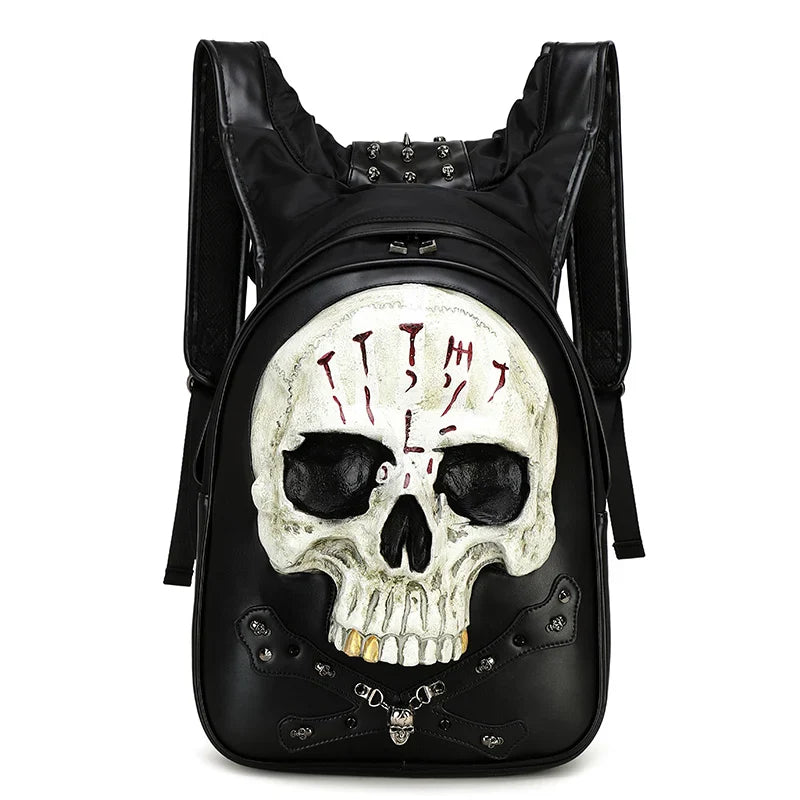 3D Backpack Leather Skull Travel Rock Rivets Embossed Laptop Gothic Punk Bag