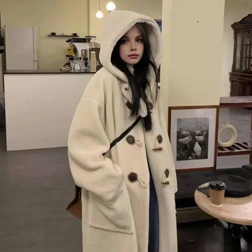 Hooded Fleece Lined Mid-Length Overcoat Apricot / M