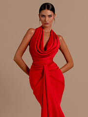 Red Backless Halter V-Neck Maxi Bodycon Christmas Party Dress Dresses-L