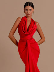Red Backless Halter V-Neck Maxi Bodycon Christmas Party Dress