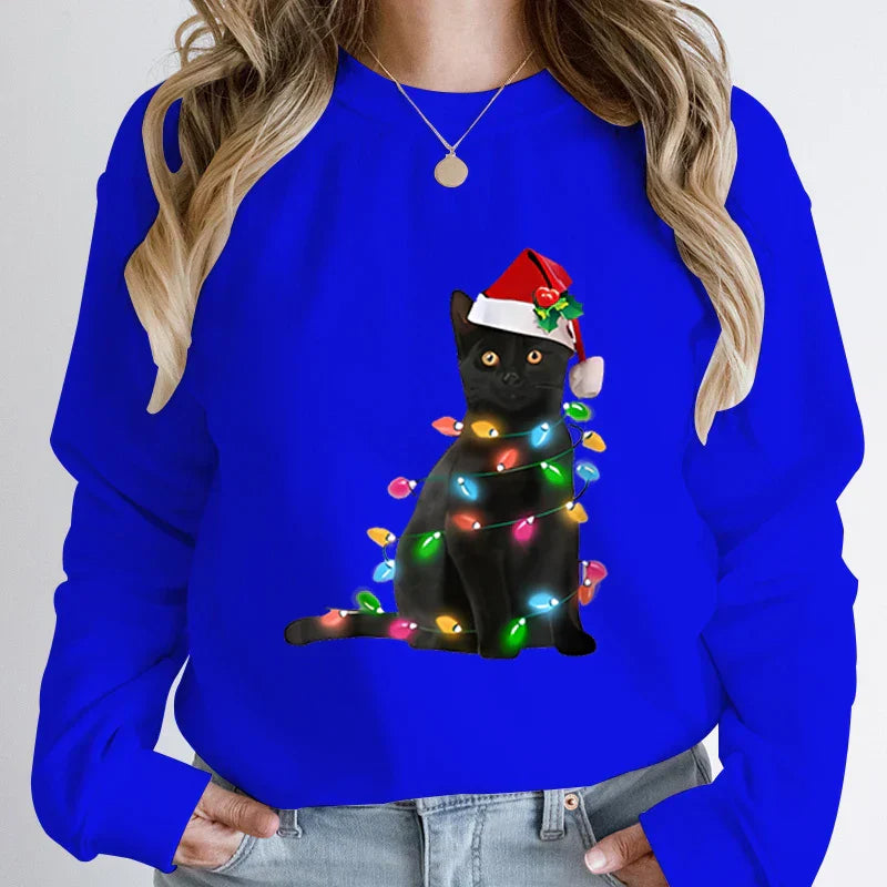 Hoodless Pullover Cute Black Cat Christmas Light Print Hoodie Blue / S Hoodies-L
