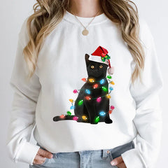 Hoodless Pullover Cute Black Cat Christmas Light Print Hoodie White / S Hoodies-L