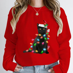 Hoodless Pullover Cute Black Cat Christmas Light Print Hoodie Red / S Hoodies-L