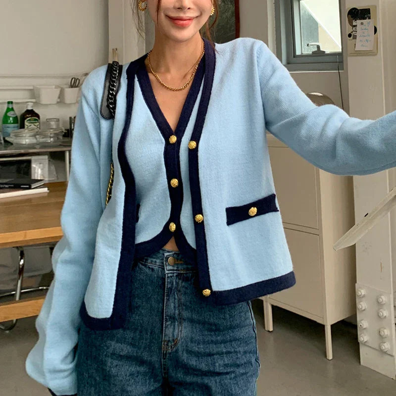 Spring V-neck Long Sleeve Knitted Cardigan Blue / One Size