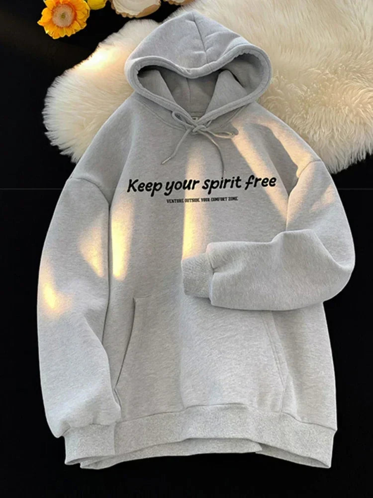 Spirit Free Letter Printed Hoodie GRAY / M(40-45KG)